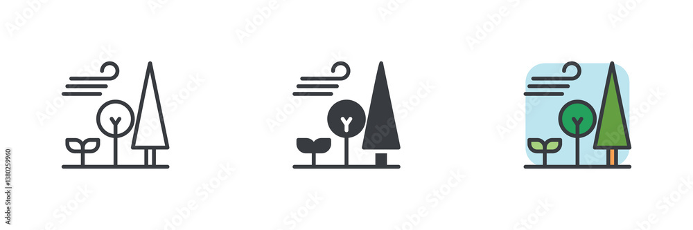 Poster windy landscape with trees different style icon set