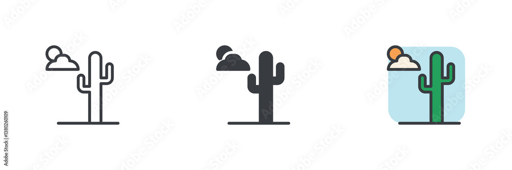 Poster cactus in a desert landscape with a cloud and sun different style icon set