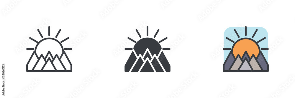 Poster mountain range with a sun rising different style icon set