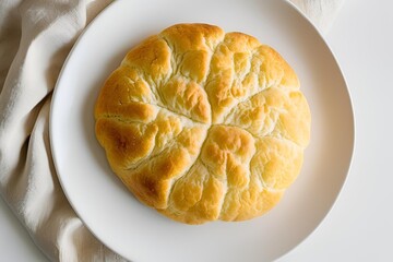 A close-up of fluffy, golden cloud bread on a clean white plate, showcasing its light, airy texture and a subtle golden crust.