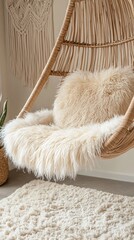 Cozy hanging chair with fluffy cushion in a bright, stylish interior space during daytime