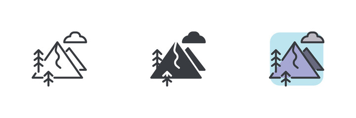 Mountain landscape with trees and a cloud different style icon set