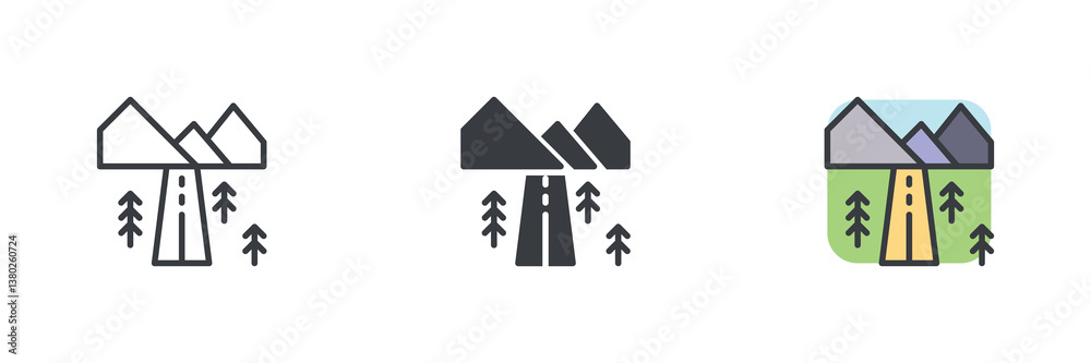 Poster Mountain landscape with a road running through and trees different style icon set