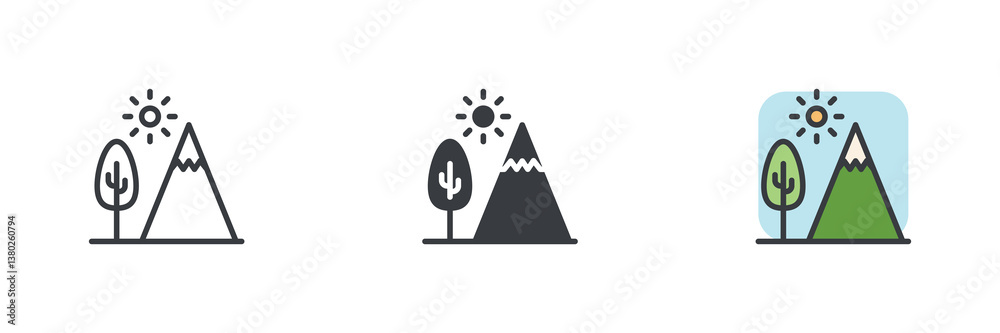 Poster mountain landscape with a tree and a sun different style icon set