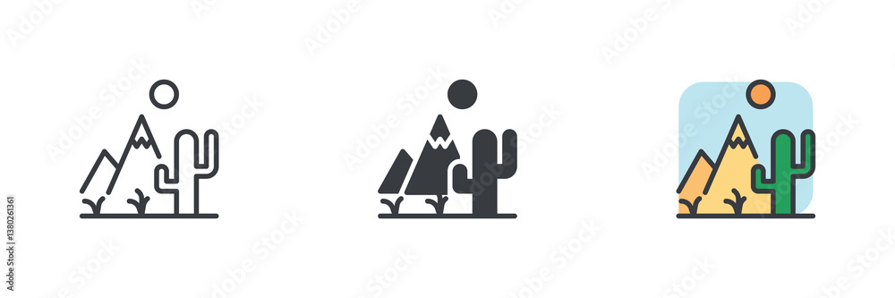 Poster desert landscape with a cactus and mountains different style icon set