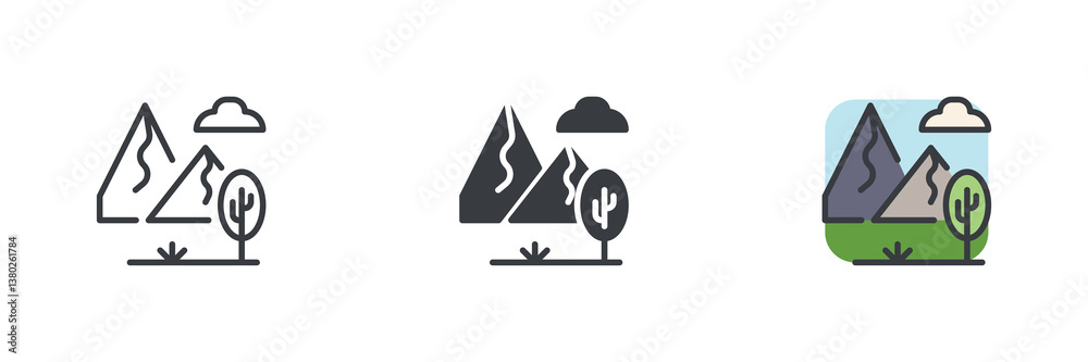 Poster Mountain landscape with a tree and a cloud different style icon set
