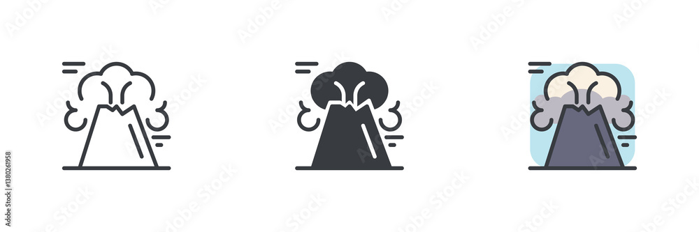 Poster volcano erupting with smoke different style icon set