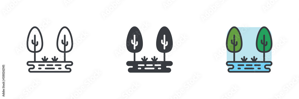 Poster Landscape with a trees and lake different style icon set