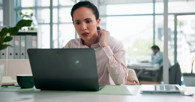 Business, thinking and woman with stress, laptop and pressure with deadline, company audit or doubt. Person, financial clerk or employee in office, confused or profit crisis with mistake or brain fog