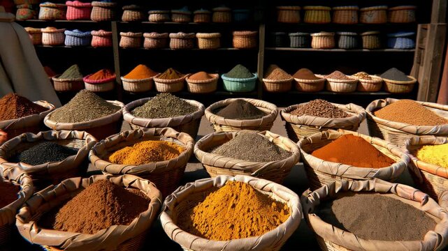 Colorful spices displayed in a traditional moroccan market