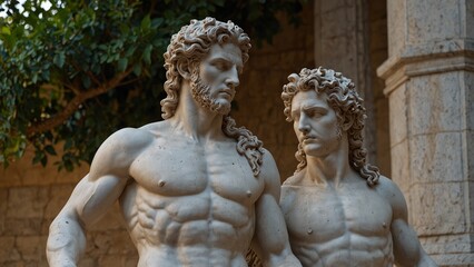 A statue of Orpheus and Dionysus, standing opposite each other, representing the contrast between melody and revelry