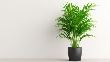 Fototapeta premium Serene Minimalist Home Decor: A Lush Green Indoor Palm Plant in a Sleek Black Pot Against a White Wall