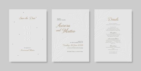 Beautiful wedding invitation with embossed leaf illustrations.