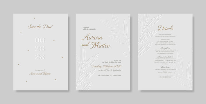 Beautiful wedding invitation with embossed leaf illustrations. - Powered by Adobe