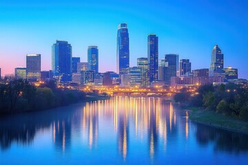 Naklejka premium Minneapolis Skyline at Dusk over Mississippi River