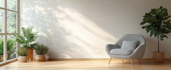 Cozy Scandinavian Living Room with Gray Armchair and Wooden Flooring in Bright Natural Light