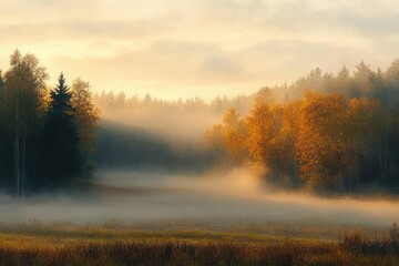 Misty morning in a tranquil autumn forest with fog and soft light