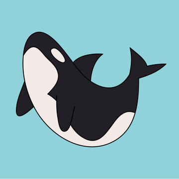 Cartoon of Playful Orca Whale in Icy Blue Sea Landscape Water. Ocean Conservation Adventure Illustration