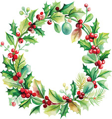 Watercolor Christmas Holly Wreath Festive Winter Berries Decor