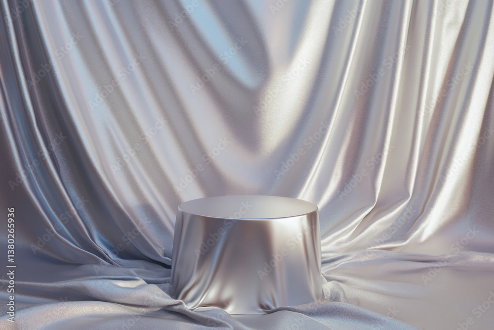 Poster Silver cylinder on draped silver fabric, creating elegant showcase scene Mockup for product display or presentation