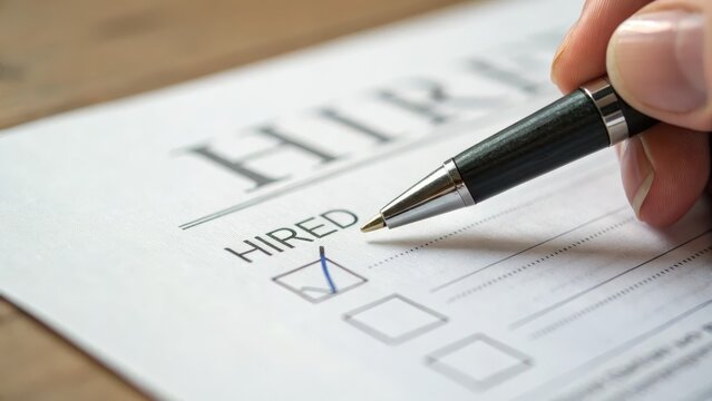 Job Market Competition Concept. Job offer acceptance with a pen marking "Hired" on a document. - Powered by Adobe