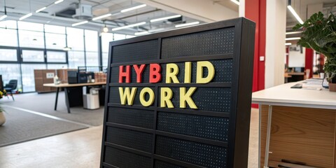 Job Market Competition Concept. Sign promoting hybrid work in a modern office environment.