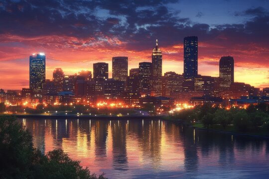 Downtown Omaha Cityscape at Twilight with Skyscrapers and Reflections