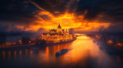 Naklejka premium Building at Sunset: A Majestic River Panorama