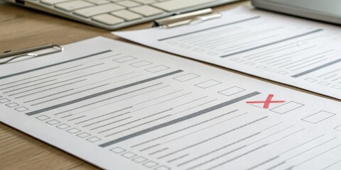 Job Market Competition Concept. Documents and checklists on a workspace with a keyboard in the background.