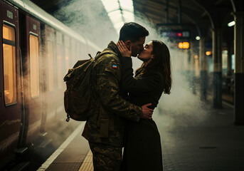 Tender Embrace: A Soldier's Kiss at the Train Station - A Moment of Love and Reunion Amidst the Steam and Shadows - International Kissing Day