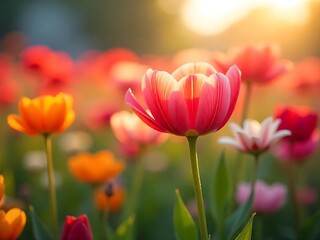 Obraz premium Generative AI Blossoming Tulips Under a Golden Sun AI Created Art