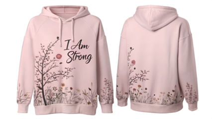 Elegant Pink Floral Hoodie with "I Am Strong" Inspirational Quote