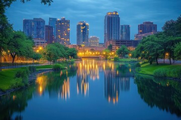 Fototapeta premium Rochester Minnesota Cityscape at Twilight with River Reflection