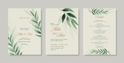 Simple and minimalist wedding invitation template with a watercolor leaf illustration.