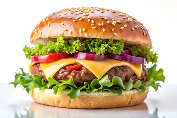 tasty beef burger with cheese and salad image isolated on white background