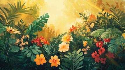 Lush Tropical Garden bathed in Golden Sunlight A vibrant illustration of exotic flowers and plants