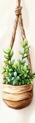Obraz premium Watercolor Painting of Hanging Succulent Plant in Wooden Pot