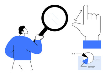 Man holding magnifying glass, gesture hand symbolizing interaction, pie chart for data analysis. Ideal for analytics, research, exploration, user experience, navigation study innovation. Flat