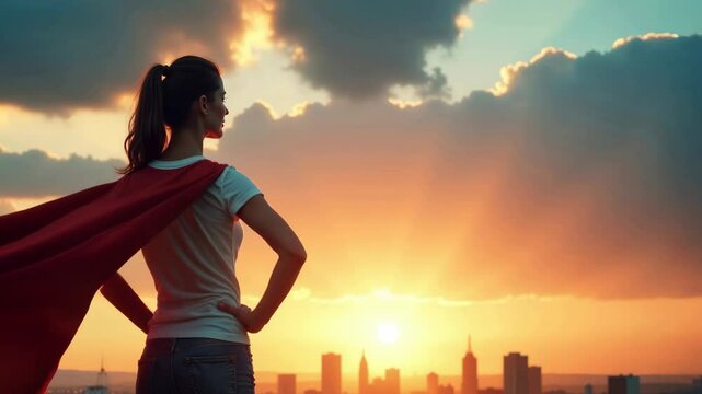 Young woman in superhero cape stands confidently overlooking city skyline at sunset. Fabric billows in slow motion in wind as light illuminates clouds. Zoom forward. Strength and aspiration.
