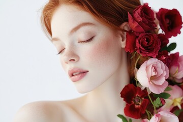 Fototapeta premium A redhead woman with closed eyes and roses in her hair, serene and beautiful.