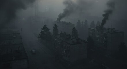 Dark forest landscape with smoke columns rising from trees. Environmental disaster concept. Air pollution and deforestation impact. Climate change effects illustration.