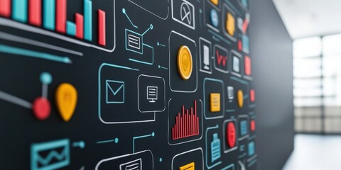 Innovation lab startup concept. Modern digital interface with colorful icons and graphs on a wall.