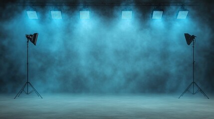Studio Photography Background:  Moody Blue, Smoky Setting with Professional Lighting Equipment