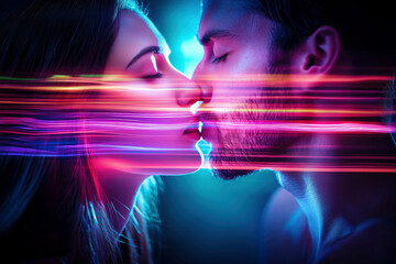 A luminous kiss, a couple's connection illuminated by vibrant hues of light and energy, a romantic and abstract artwork. - International Kissing Day