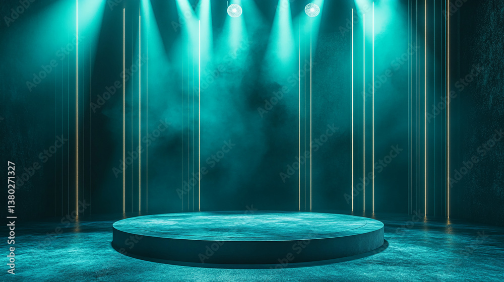 Poster circular platform bathed in teal light, surrounded by vertical lines and spotlights, ideal for produ