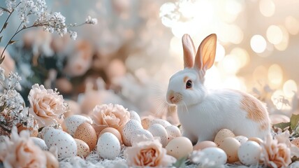 A white rabbit surrounded by pastel eggs and flowers, bathed in soft sunlight.