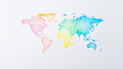 Obraz premium A colorful watercolor map of the world, showcasing continents in soft pastel shades, ideal for creative and educational purposes.
