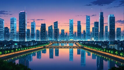Obraz premium Cityscape Reflection at Dusk with Modern Architecture and Calm River View