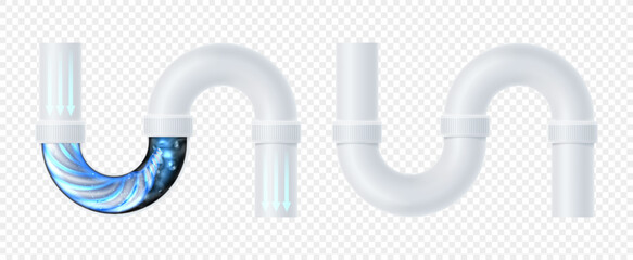 Realistic sink siphons with clogging. Vector illustration with isolated sink siphons on checkered background. Concept of cleaning clogged pipes. 3d elements for ads, promotion of drain cleaner.