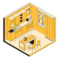 3d kitchen interior concept, furniture and appliances. Cooking space. Room, template for furniture store, design studio, architectural business. Vector linear isometric illustration